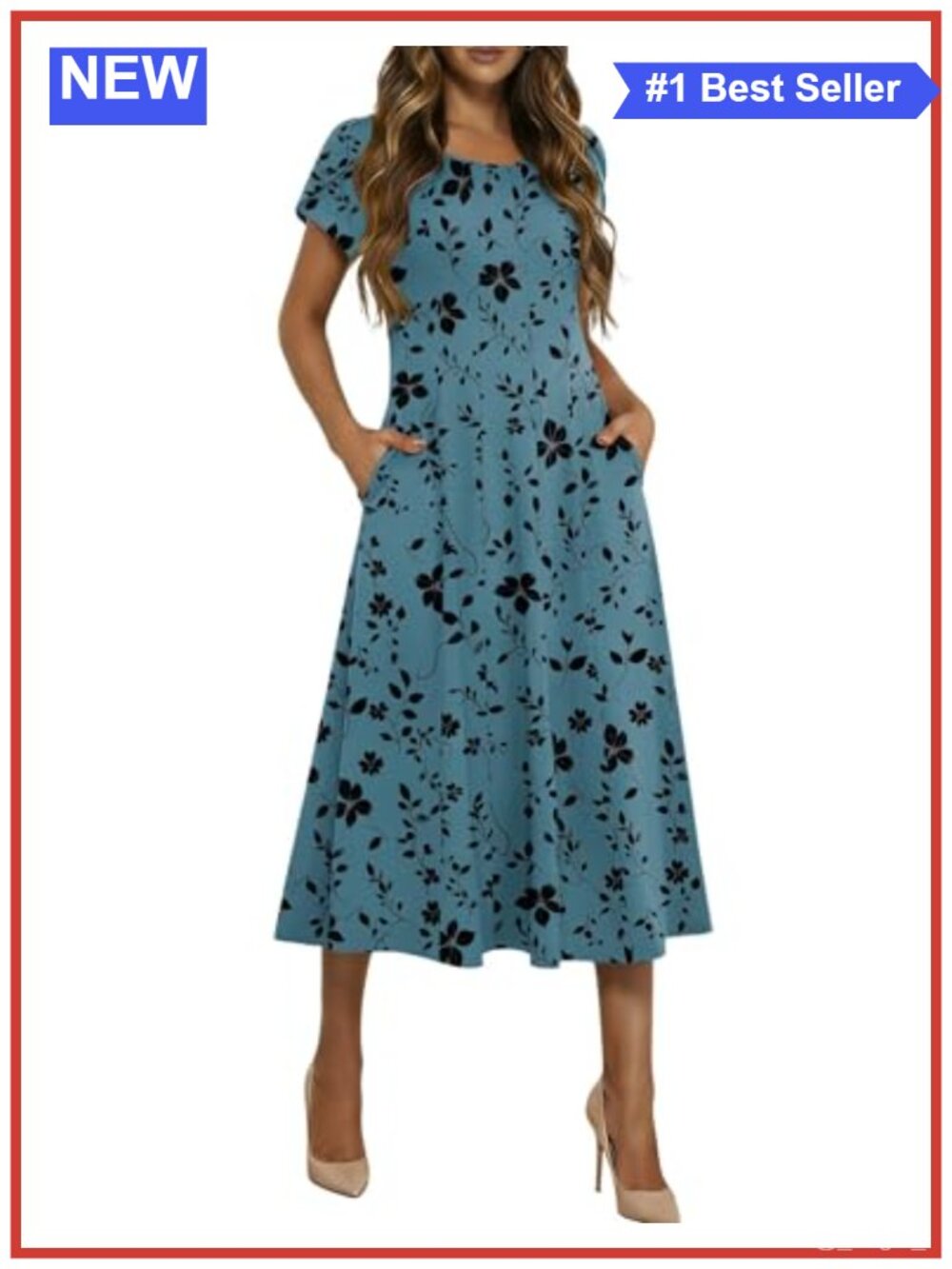 Women Casual Midi Dress 95% Polyester 5% Spandex Fit & Flare Pleated Sundress
